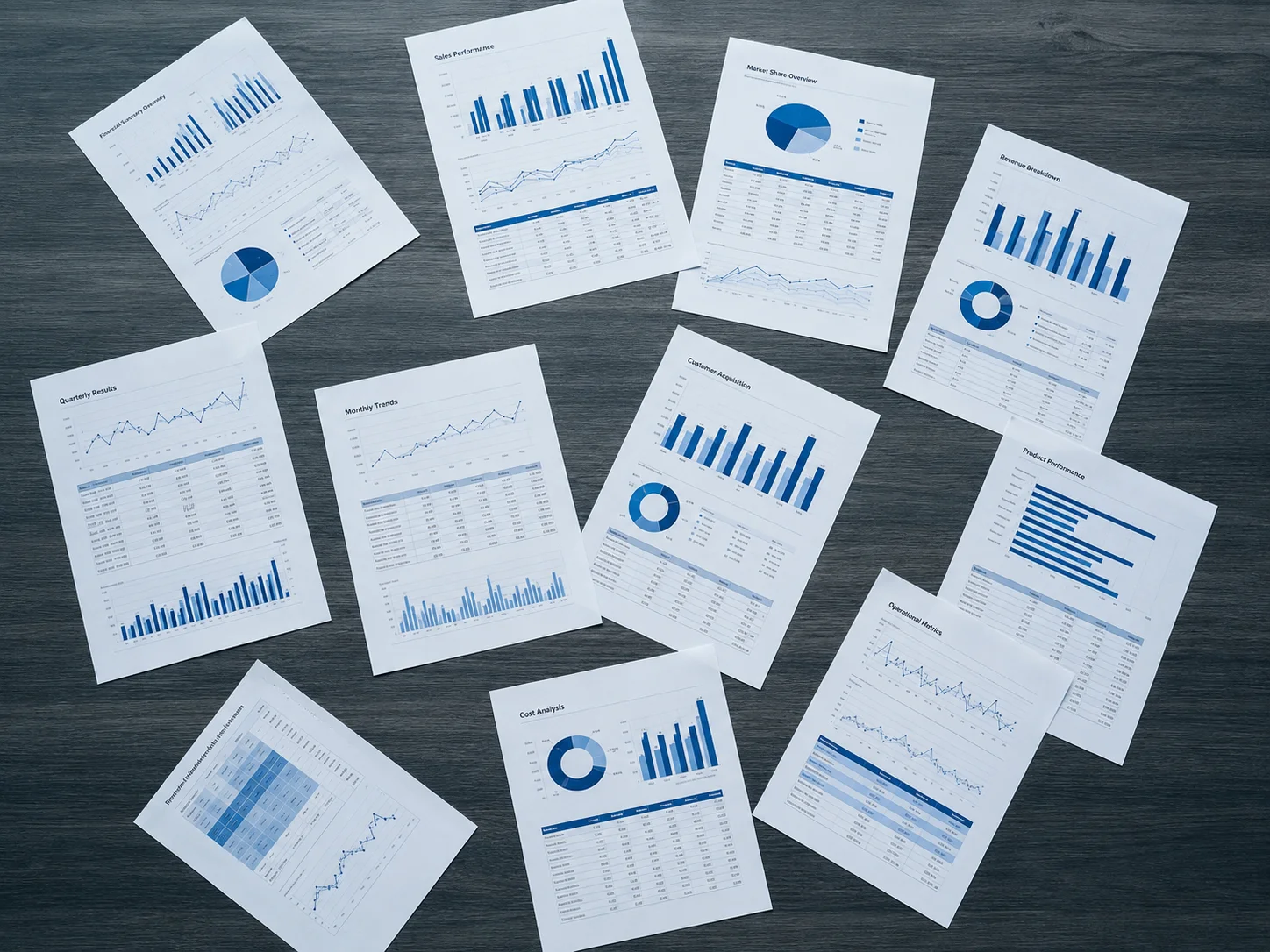Hojas de informes técnicos con gráficos dispersos sobre una mesa